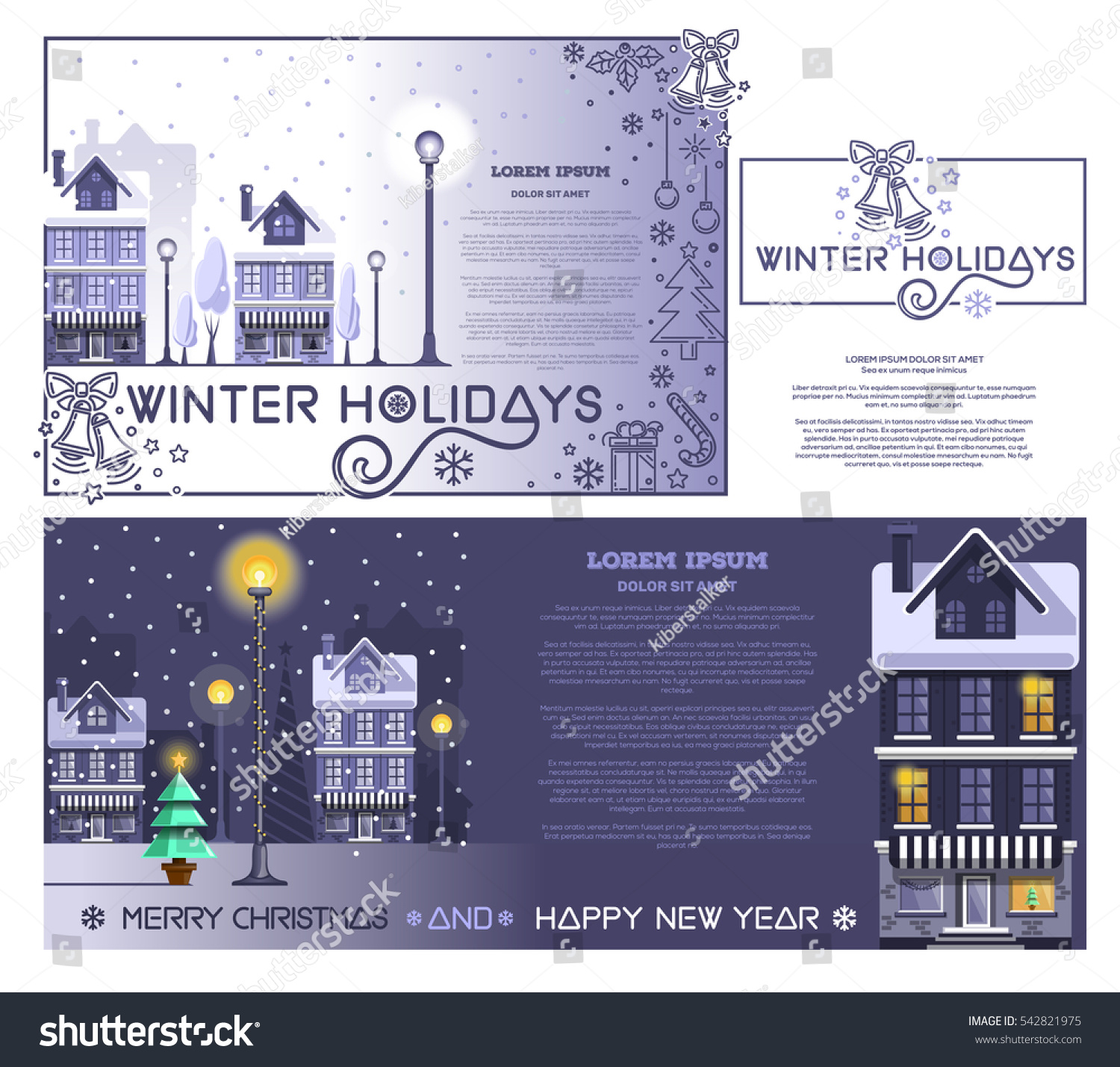 Greeting cards set and design elements for winter holidays Winter landscape Snowy town at