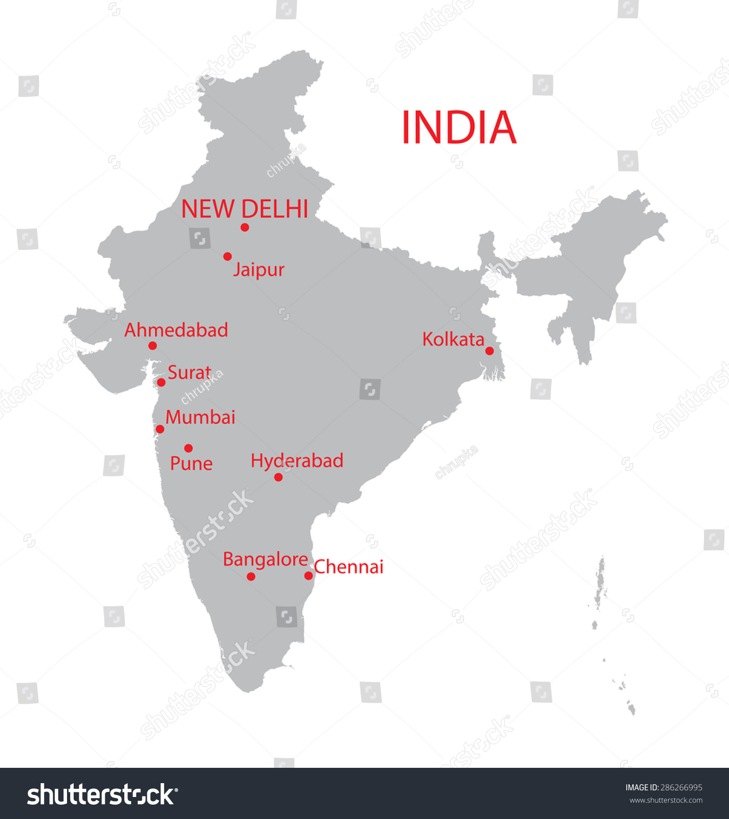 Grey Map India Indication Largest Cities Stock Vector 286266995 ...