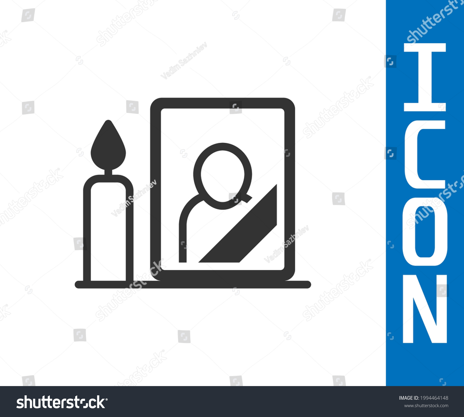 SVG of Grey Mourning photo frame with black ribbon icon isolated on white background. Funeral ceremony and condolence card layout.  Vector svg