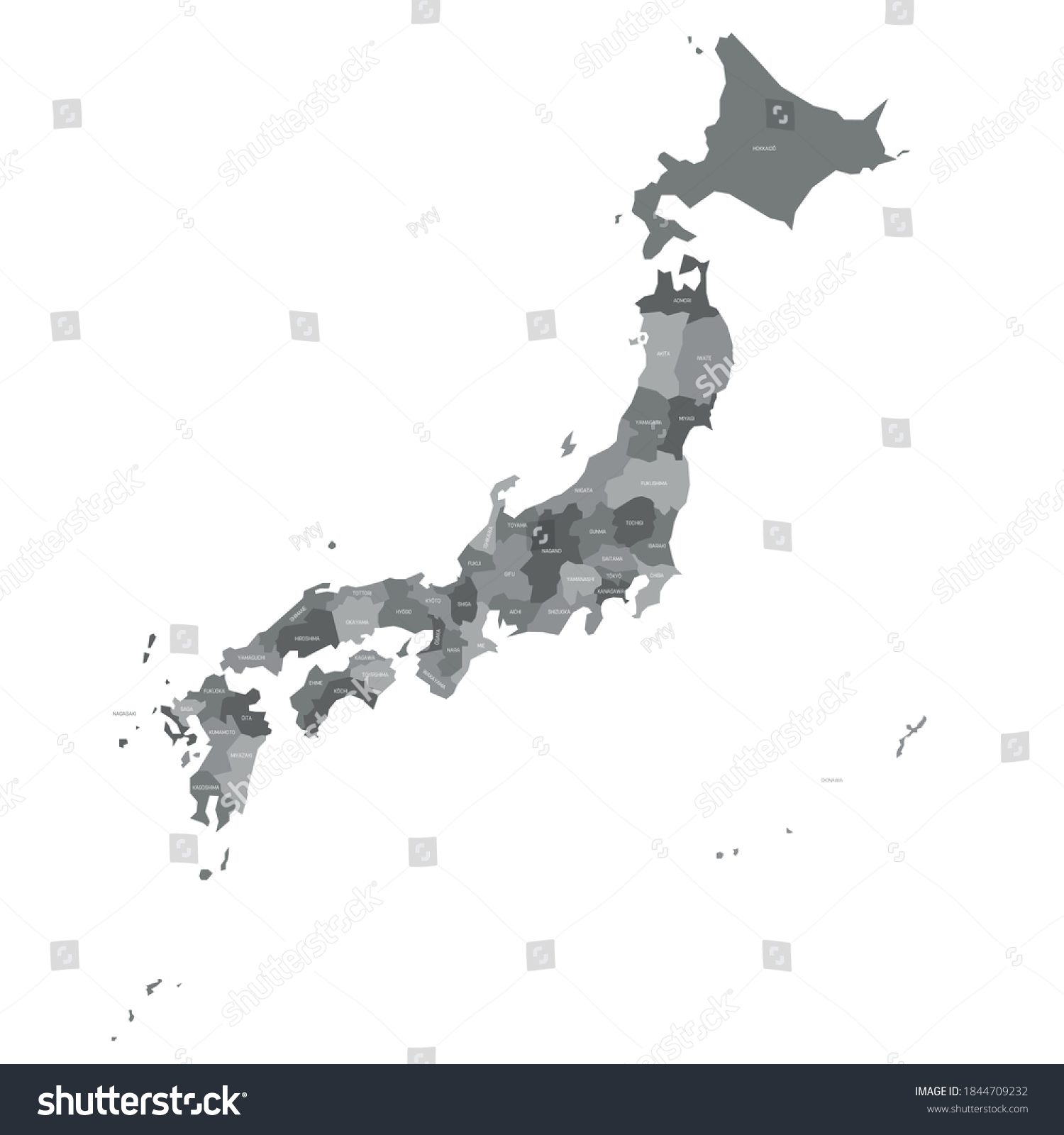 Grey Political Map Japan Administrative Divisions Stock Vector (Royalty ...