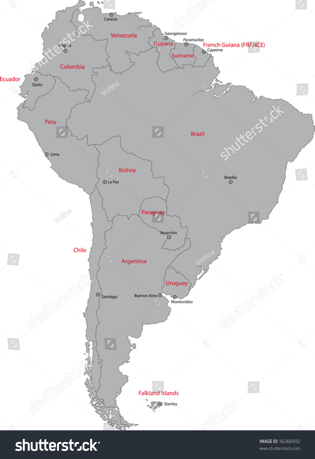 Grey South America Map Countries Capital Stock Vector Royalty