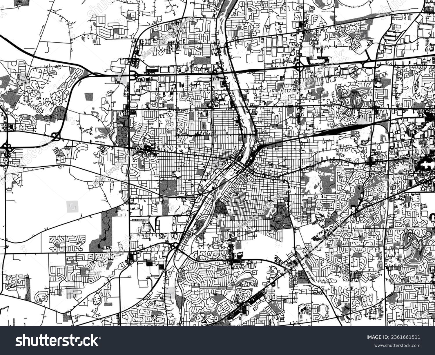 SVG of Greyscale vector city map of Aurora Illinois in the United States of America with with water, fields and parks, and roads on a white background. svg