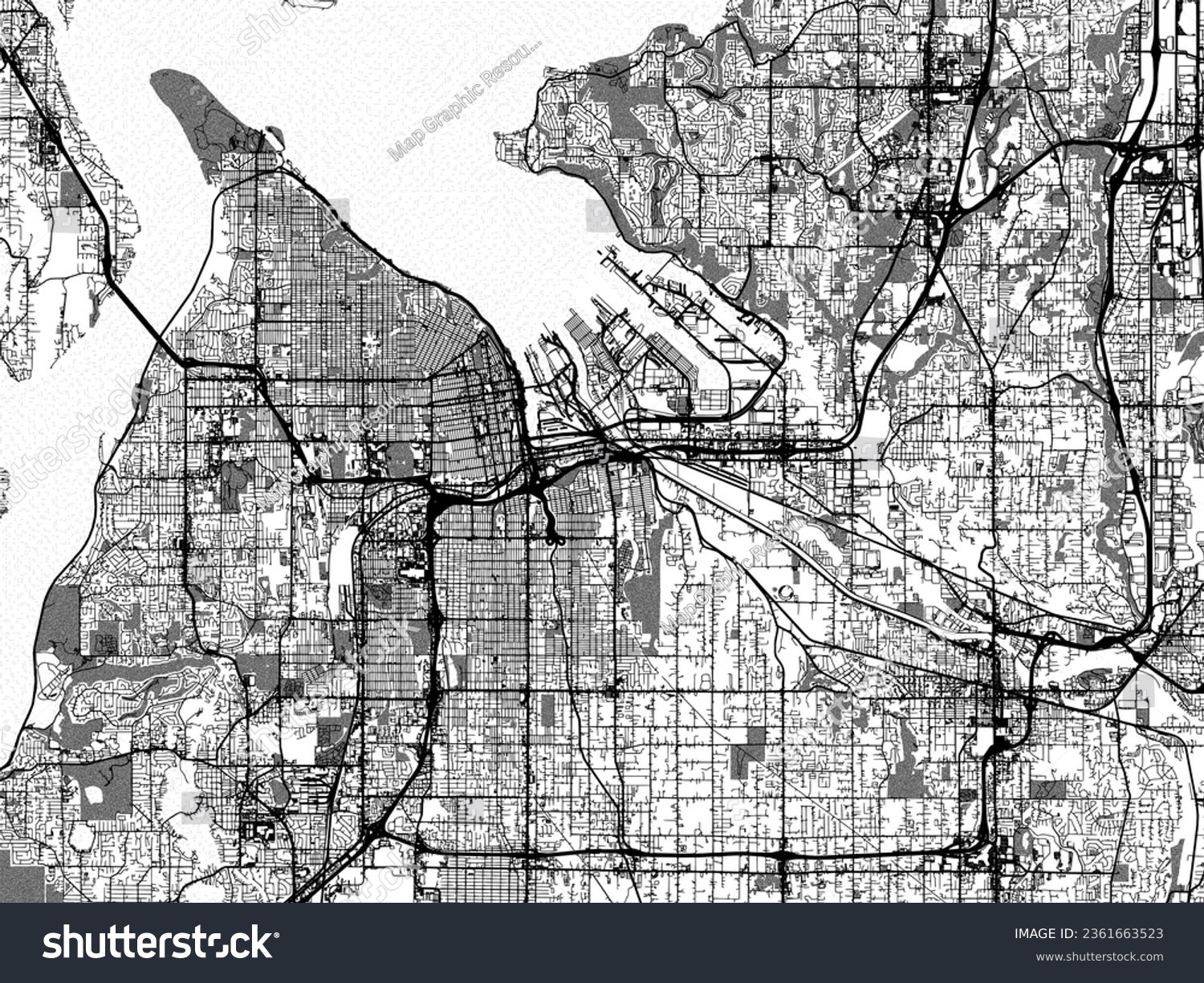 SVG of Greyscale vector city map of Tacoma Washington in the United States of America with with water, fields and parks, and roads on a white background. svg