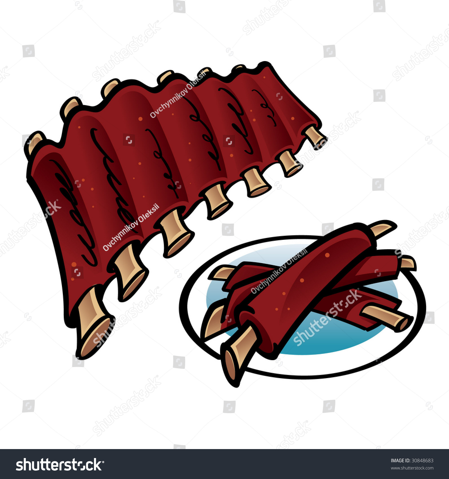 cartoon ribs, red, on plate, food, isolated clip art preview