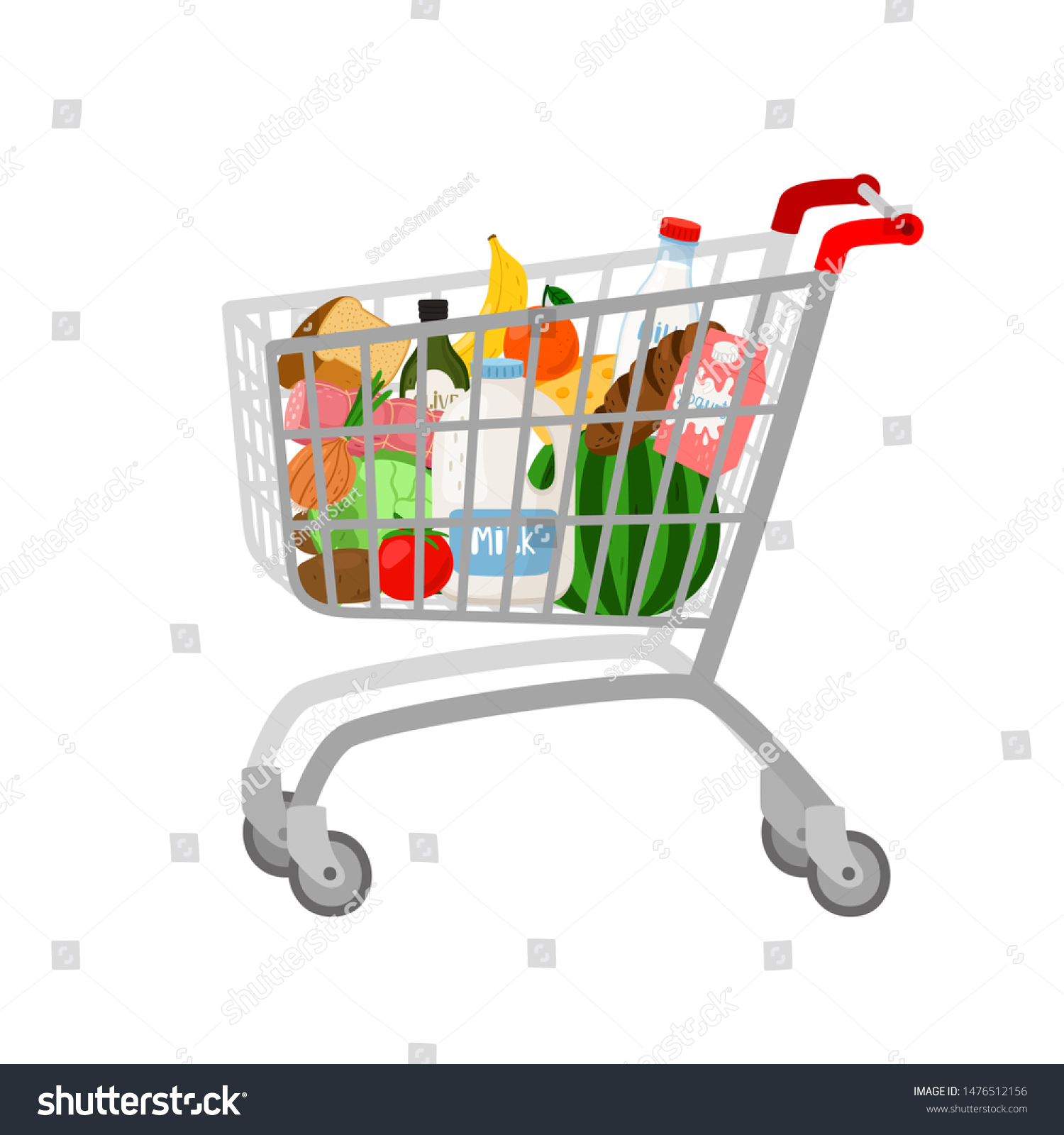 白い背景に買い物カート フルスーパーの食料かごベクターイラスト 食料雑貨を入れたショッピングカート のベクター画像素材 ロイヤリティフリー