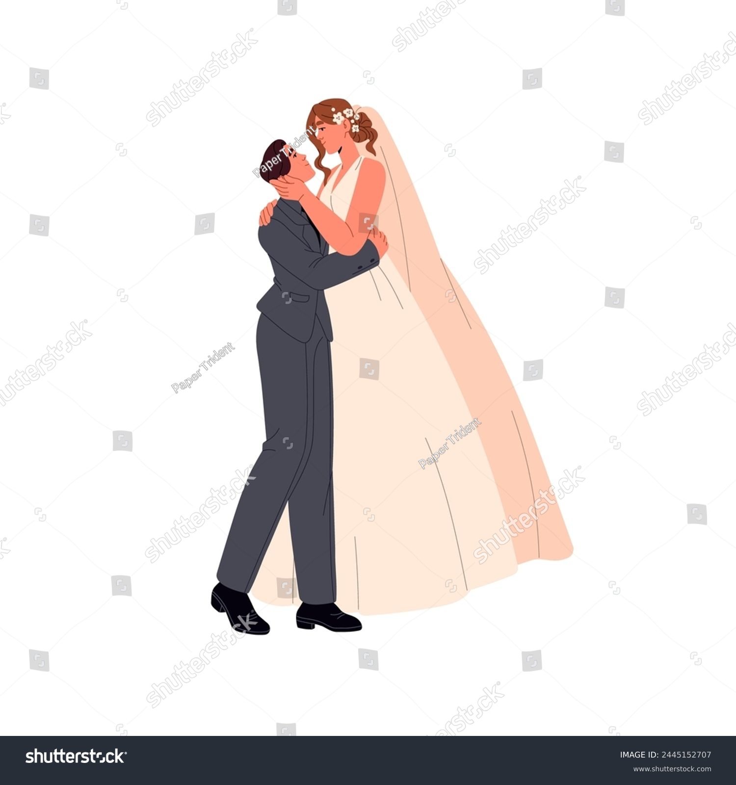 SVG of Groom holds bride in bridal dress with veil in his hands. Couple wedding. Newlywed family expression tenderness, love. Marriage celebration. Flat isolated vector illustration on white background svg