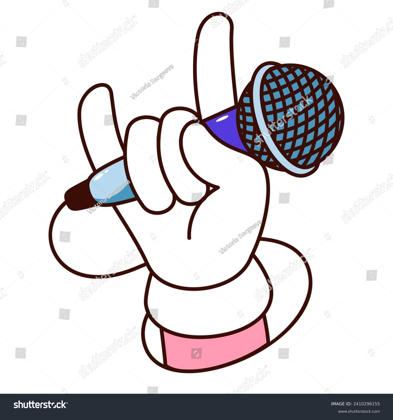 recommend clip art: Groovy cartoon hand with microphone and rock band gesture. Funny arm of rocker with mic and horn fingers, retro rock and roll concert mascot and cartoon sticker of 70s 80s style vector illustration