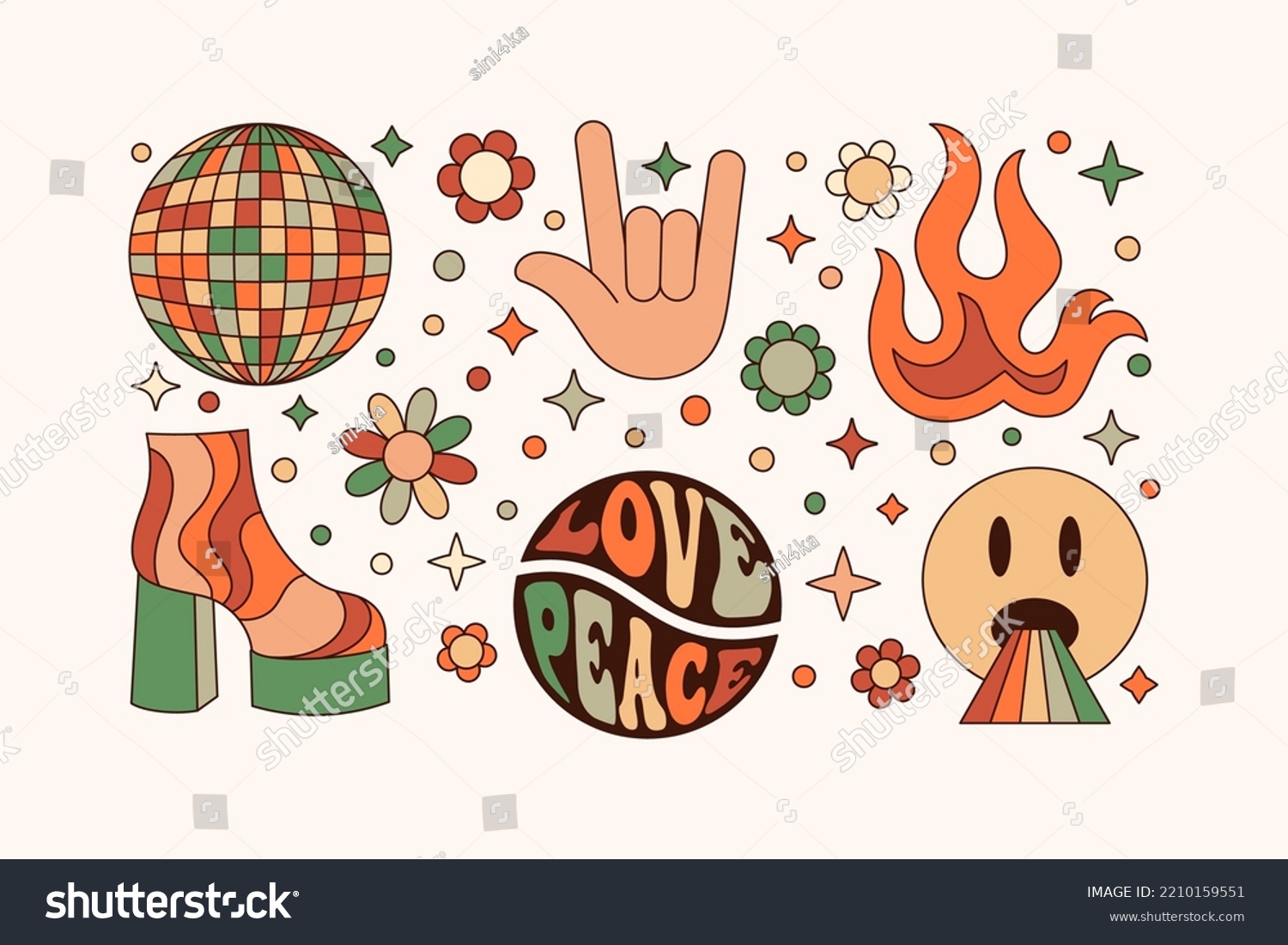 SVG of Groovy Elements Set in Retro Hippie Style 70s . Geometric Abstract Vector Stickers: Disco Ball, Rock Hand, Fire, Shoe and Emoji for Print on T-Shirts, Posters, Creating Logo, Patterns svg