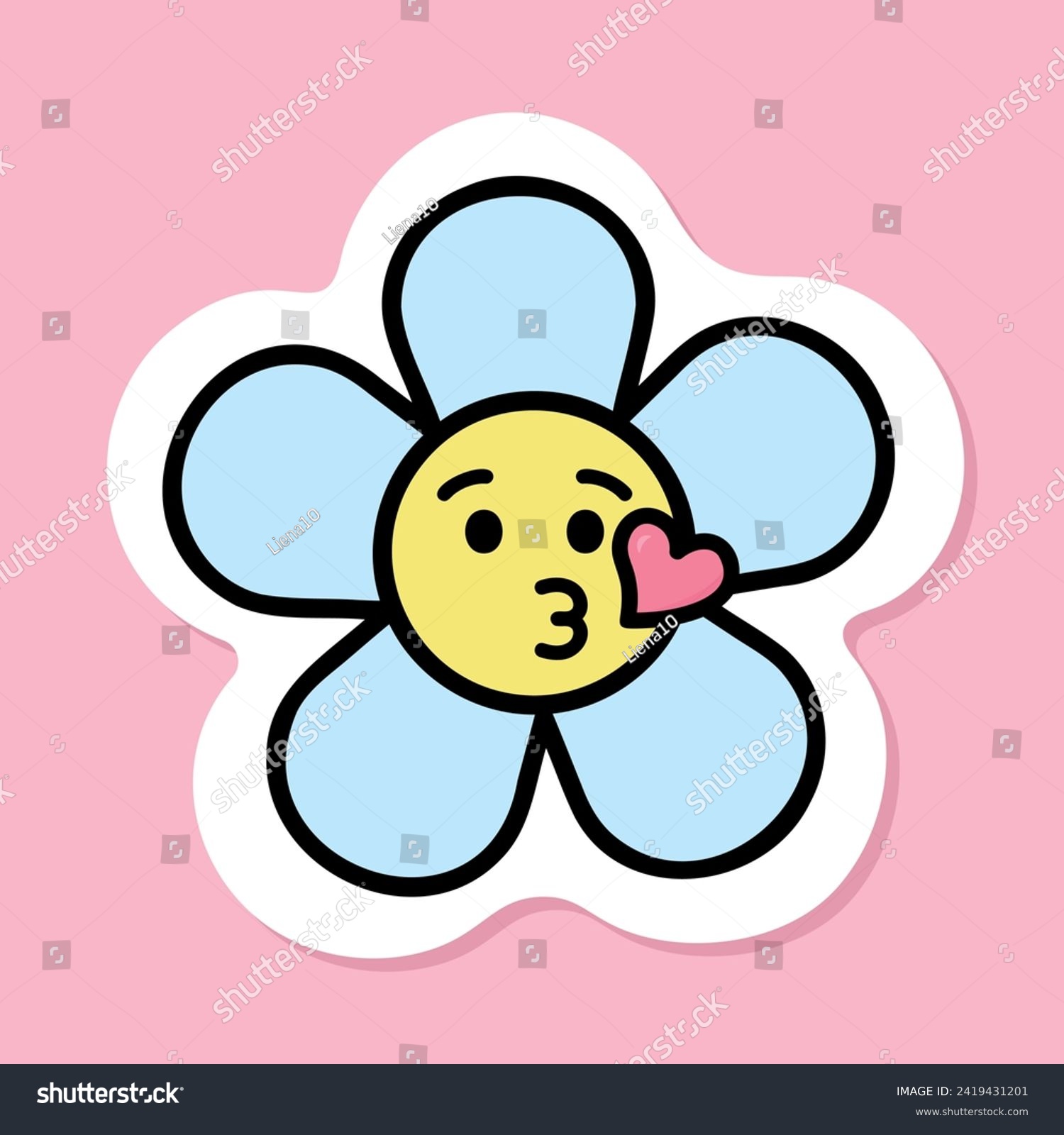 SVG of groovy flower face blowing a kiss sticker, anthropomorphic blue daisy flower with black outline, groovy aesthetic vector design element svg