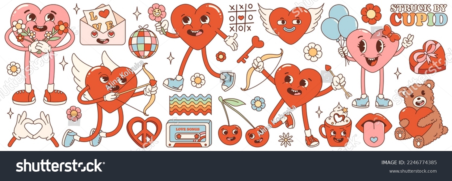 SVG of Groovy hippie love sticker set. Retro happy Valentines day. Comic happy heart character in trendy retro 60s 70s cartoon style. Retro characters and elements.	 svg