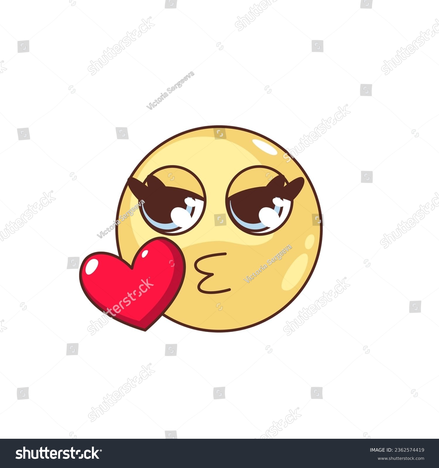 SVG of Groovy kiss emoji vector illustration. Cartoon isolated retro character with funny psychedelic face blows heart with love expression, romantic circle yellow sticker and emoji for social media svg