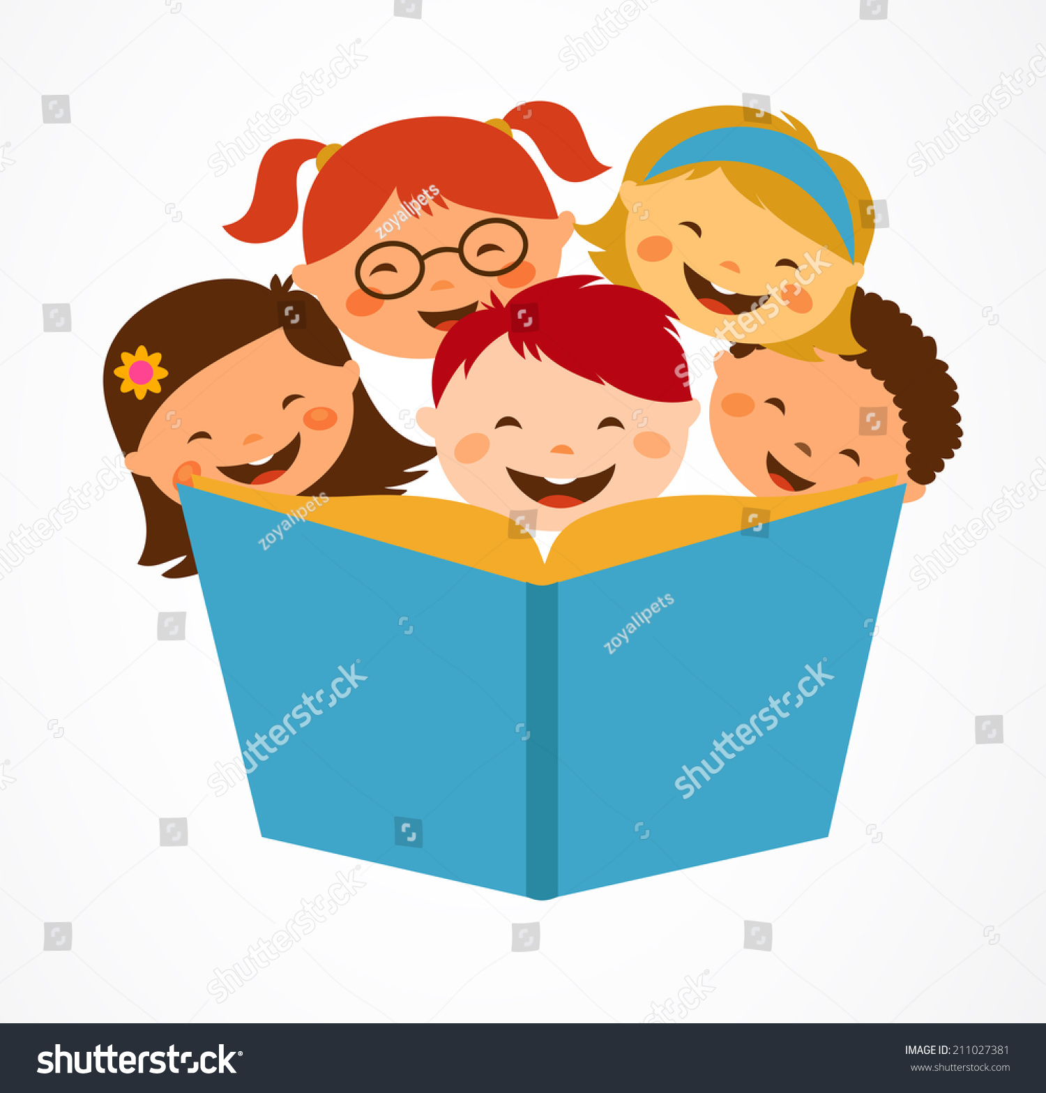 Group Children Enjoying Reading Together Stock Vector 211027381 ...