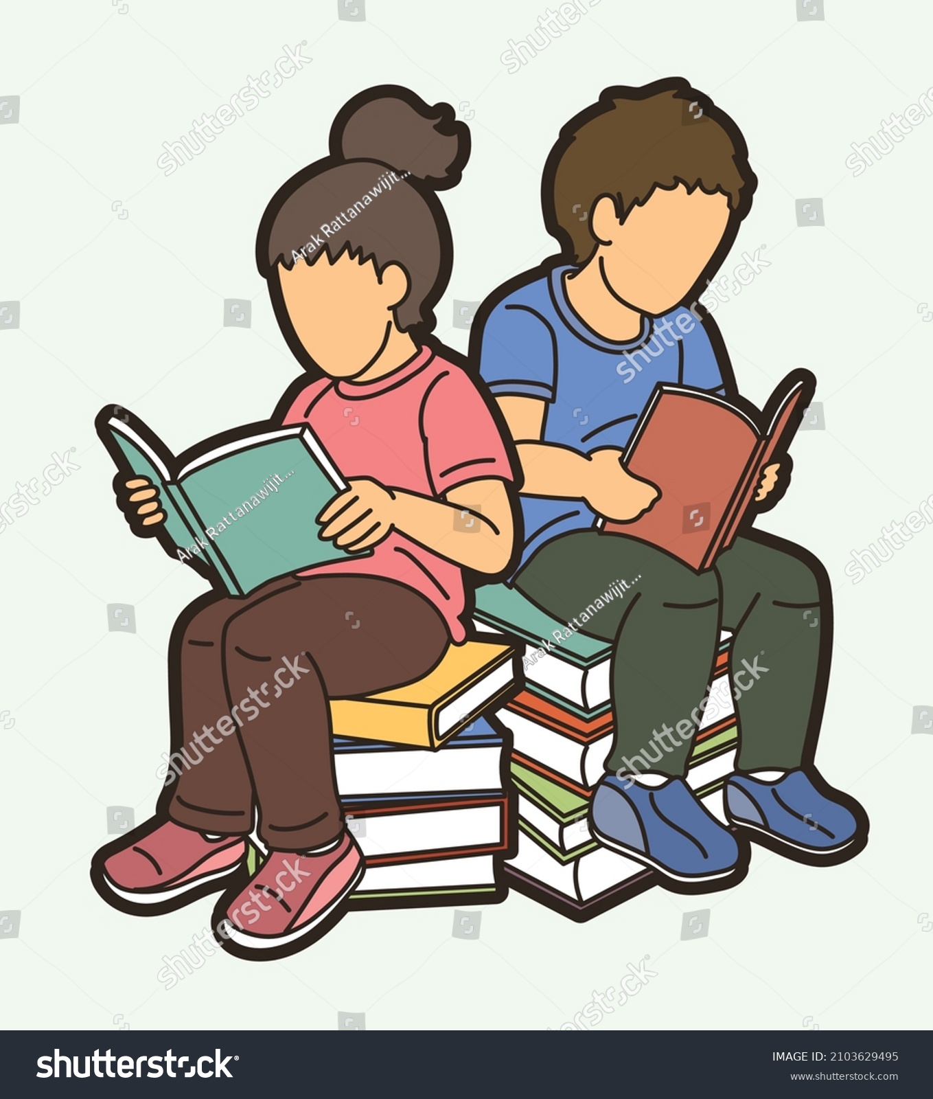 Group Children Reading Books Together Cartoon Stock Vector (Royalty