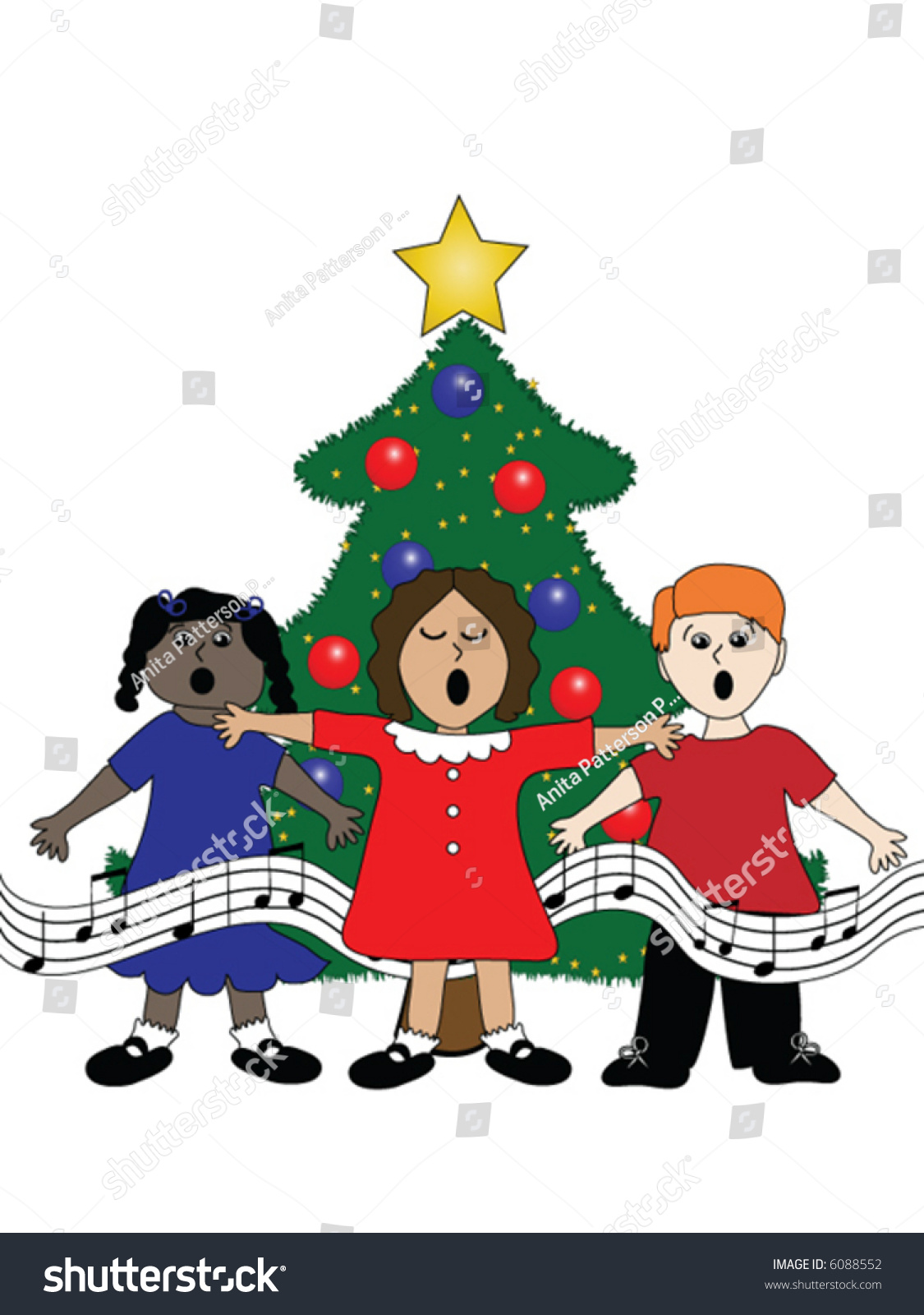 Group Children Singing Around Christmas Tree Stock Vector 6088552 ...