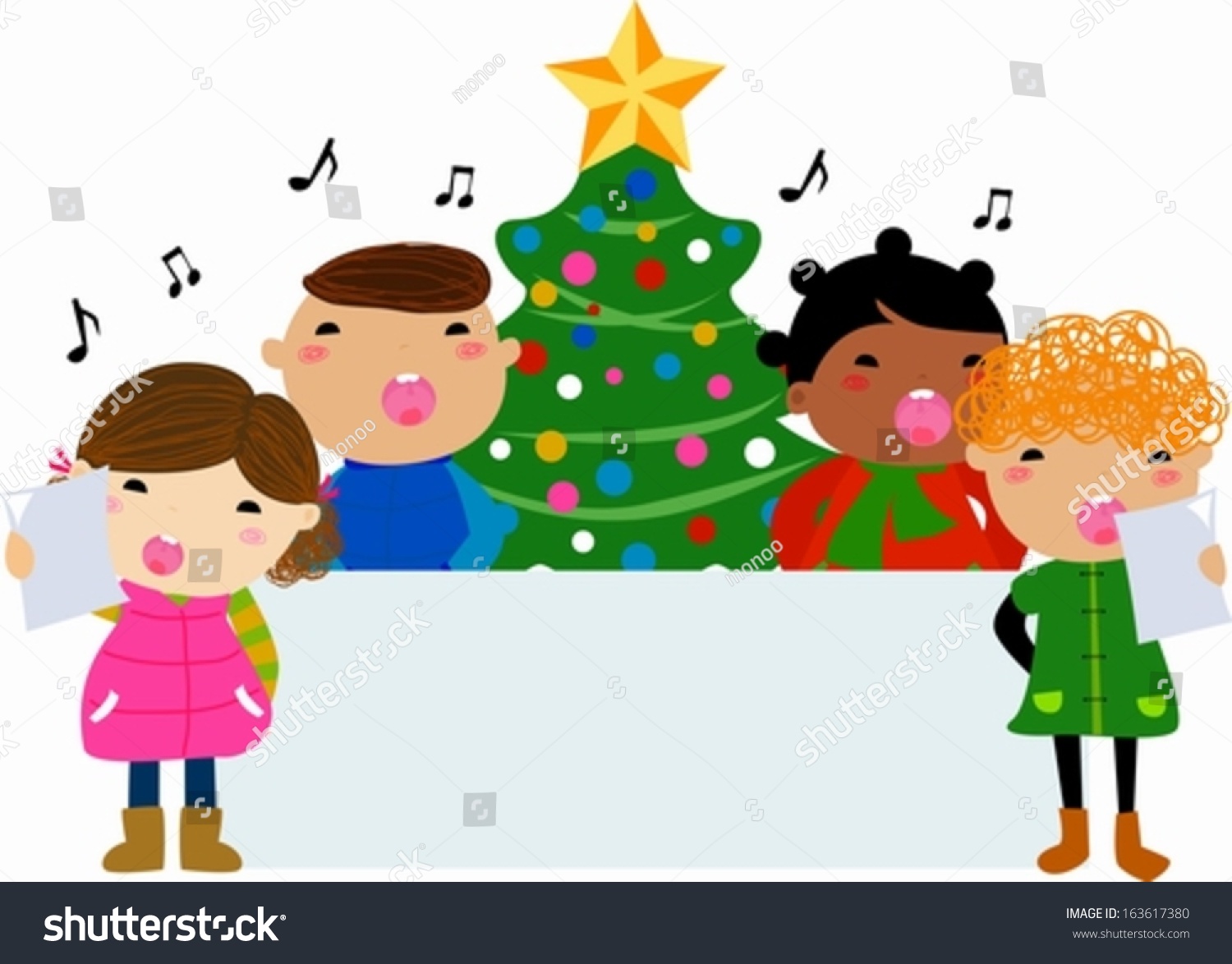 Group Of Children Singing Around A Christmas Tree And Banner Stock ...