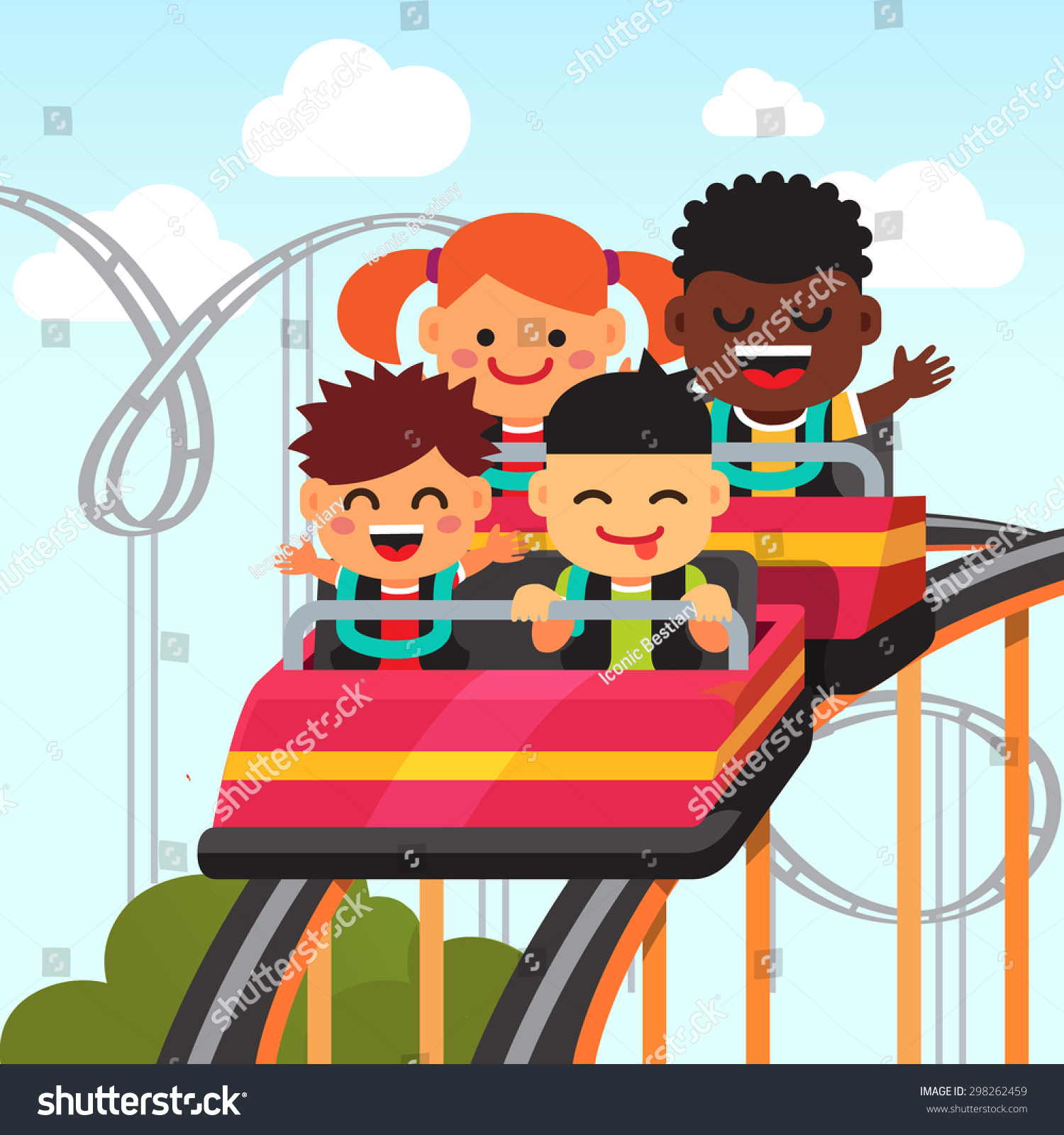 Group Of Excited, Smiling And Screaming Kids Riding Roller Coaster ...