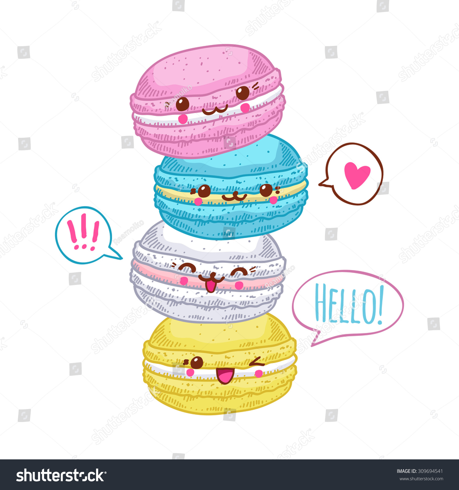 stock vector group of four cute kawaii macarons sweet funny macaroons characters for your design 309694541