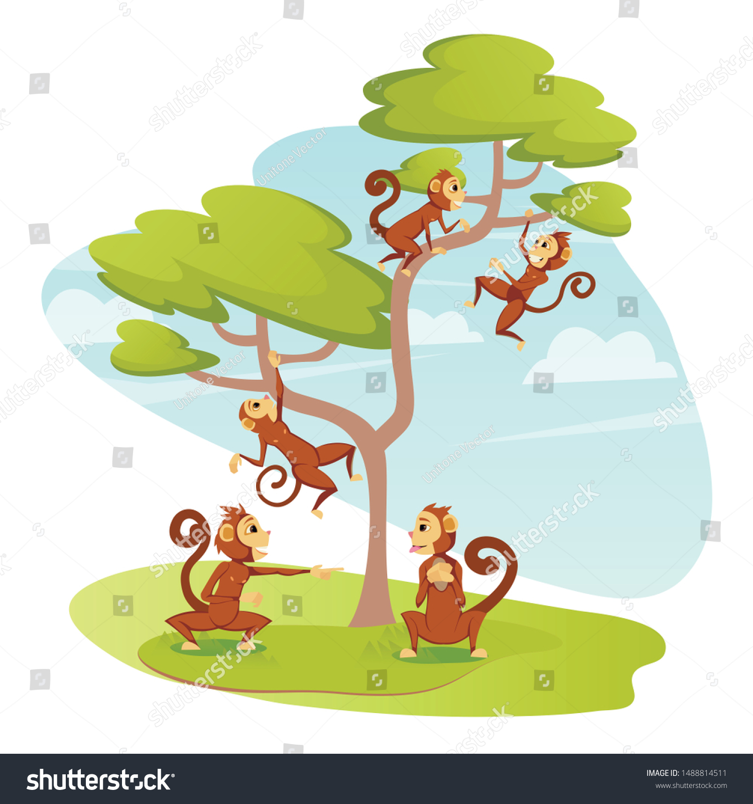 Group Funny Monkeys Playing On Tree Stock Vector Royalty Free Shutterstock