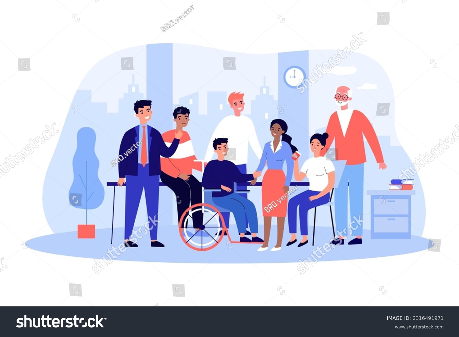 SVG of Group of happy diverse coworkers vector illustration. Inclusive team of people with disability and people of different age and race working together. Diversity, teamwork, inclusion, business concept svg