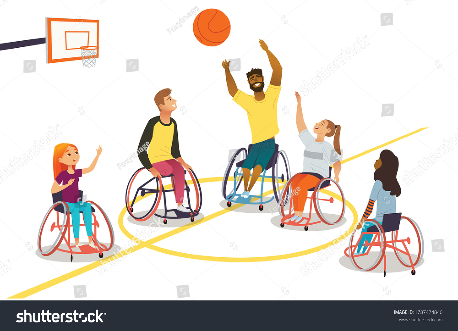 SVG of Group of multiracial man and woman on wheelchairs play basketball. Physical activity, rehabilitation for people with physical disabilities or musculoskeletal system diseases. Adaptive wheelchair sport svg