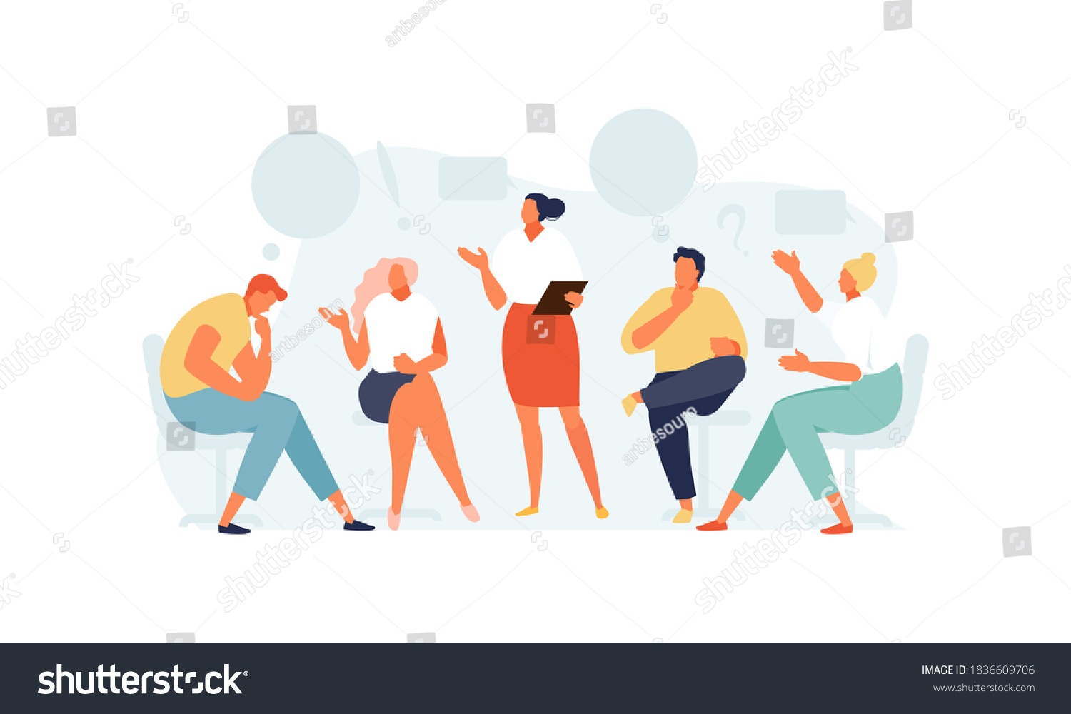 SVG of Group of people discussing at the group therapy with a psychologist. Office planning meeting. Vector illustration svg