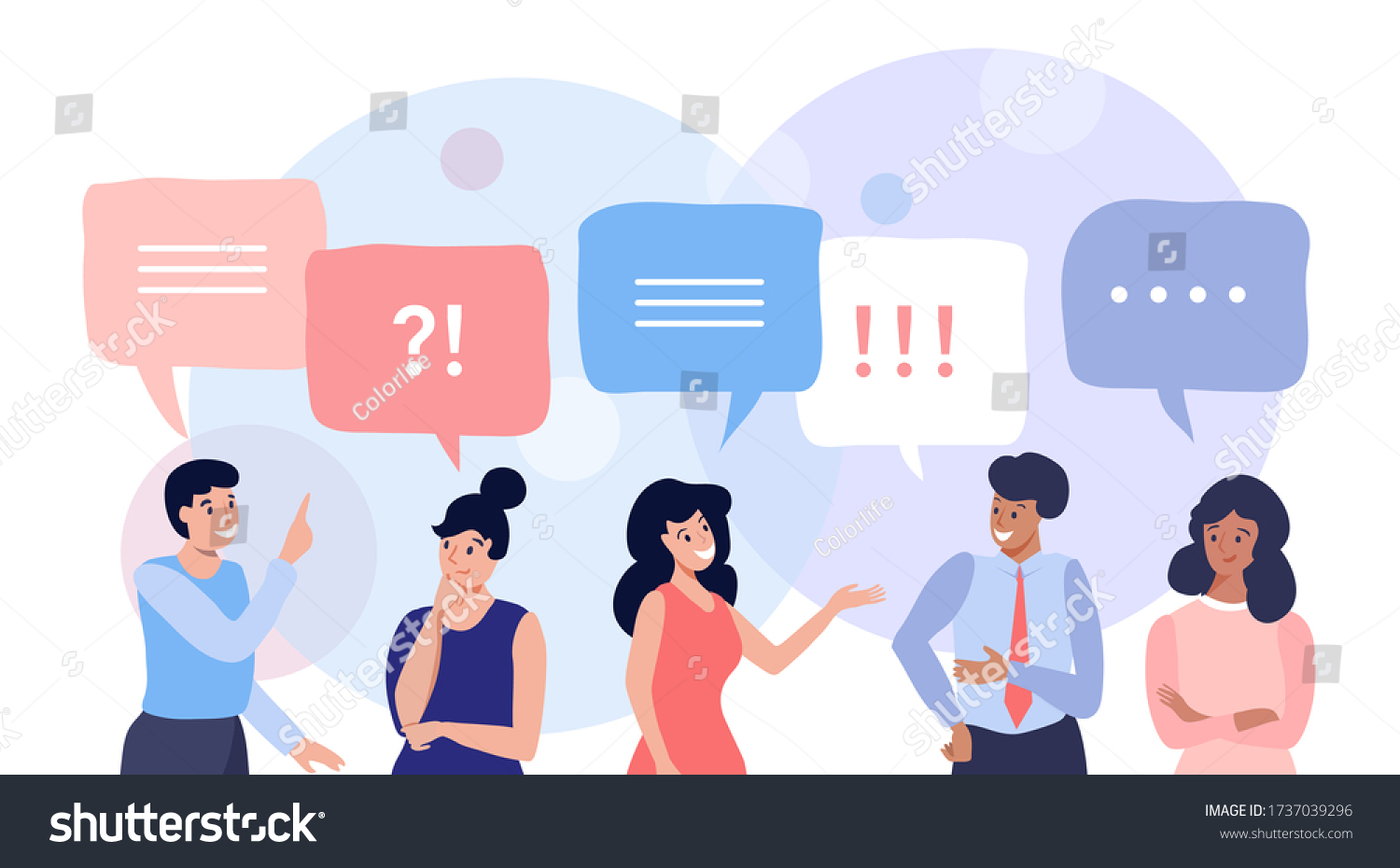 SVG of Group of people talking and thinking, friends with speech bubbles, vector flat illustration svg