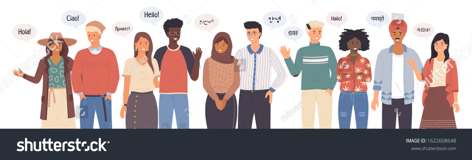 SVG of Group of people talking different languages saying hi. Greeting people waving hands and gesturing. Diverse nations representatives waving hand. Foreign phrases from native speakers say hello ethnicity svg