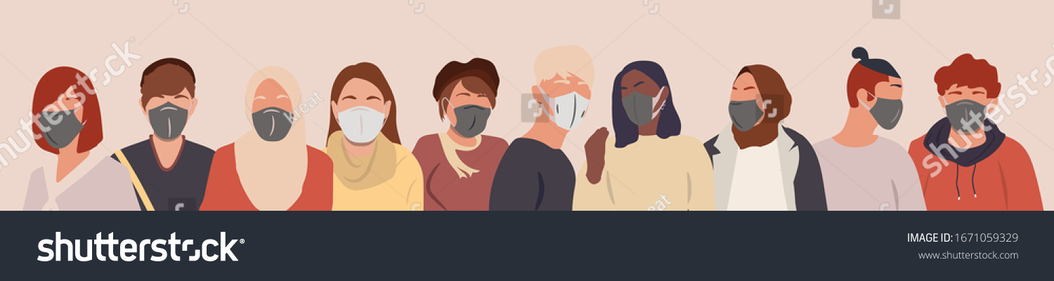 Grupo de personas usando máscaras médicas para prevenir enfermedades, gripe, contaminación del aire.Coronavirus en China. Ilustración vectorial en un estilo plano.