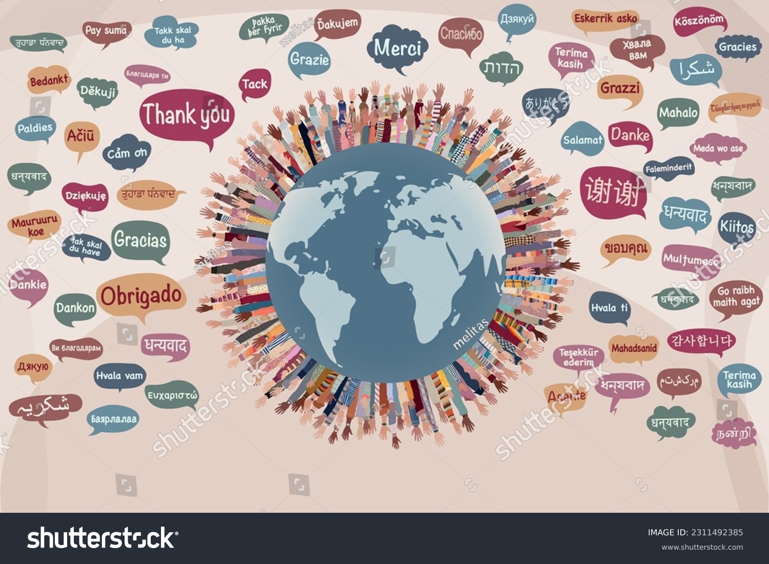 SVG of Group of raised hands of people diversity in a circle of the earth with speech bubbles with text -Thank you- in various languages and dialects of different countries and continents svg