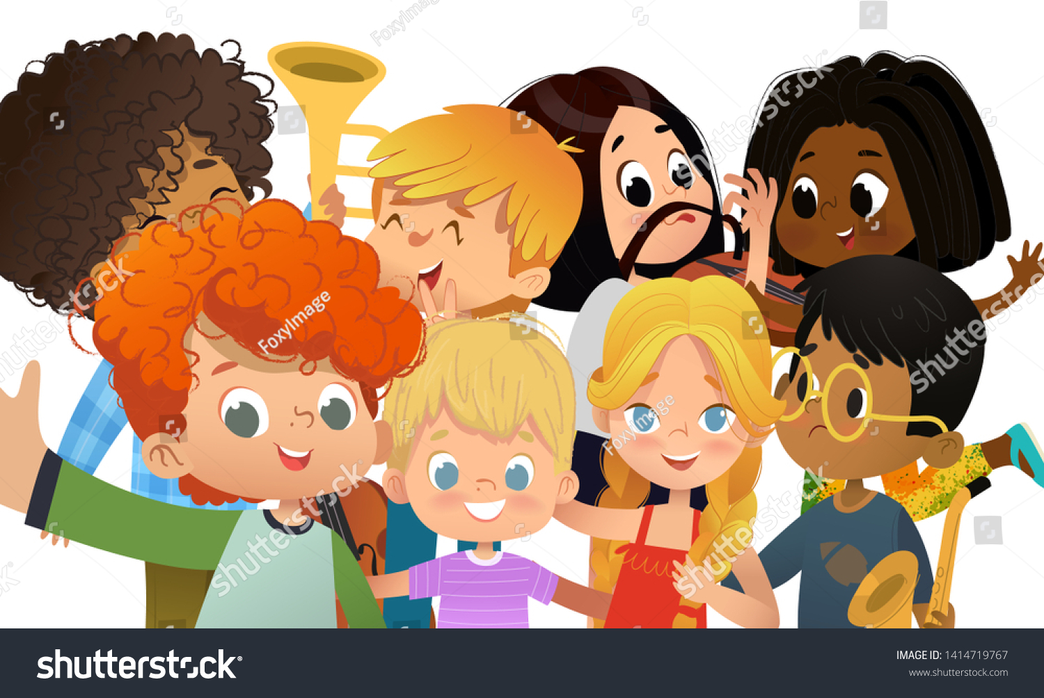 Group School Friends Taking Selfie Multicultural Stock Vector