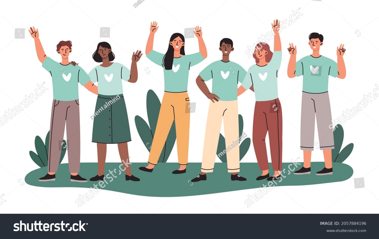 SVG of Group of volunteers. Kind characters stand together, hug and wave their hands. Charity and donations. People help those in need. Cartoon flat vector illustration isolated on white background svg
