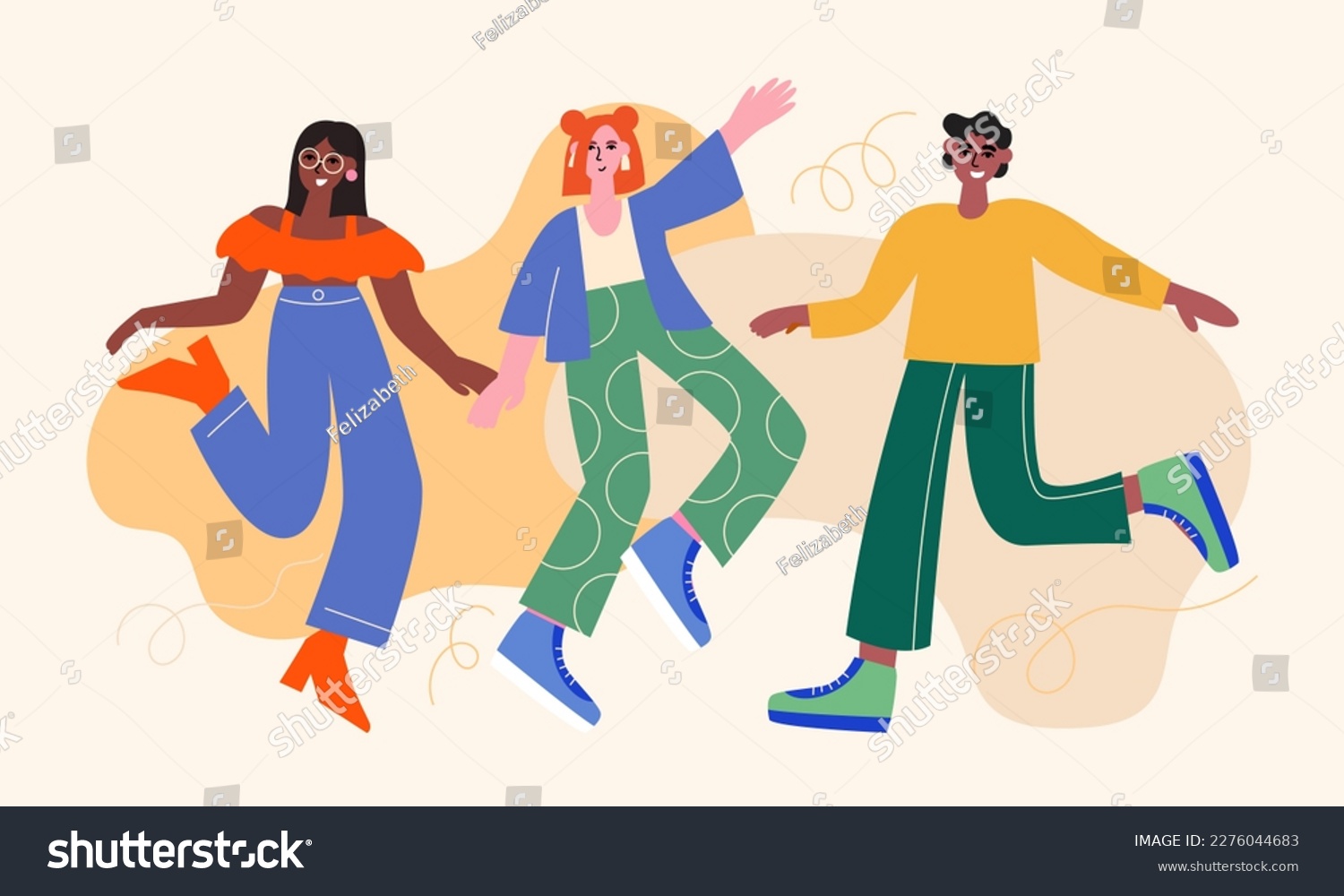 SVG of Group of young cheerful dancing people. Happy team of friends celebrating on the party. Vector illustration of flat diverse people.  svg