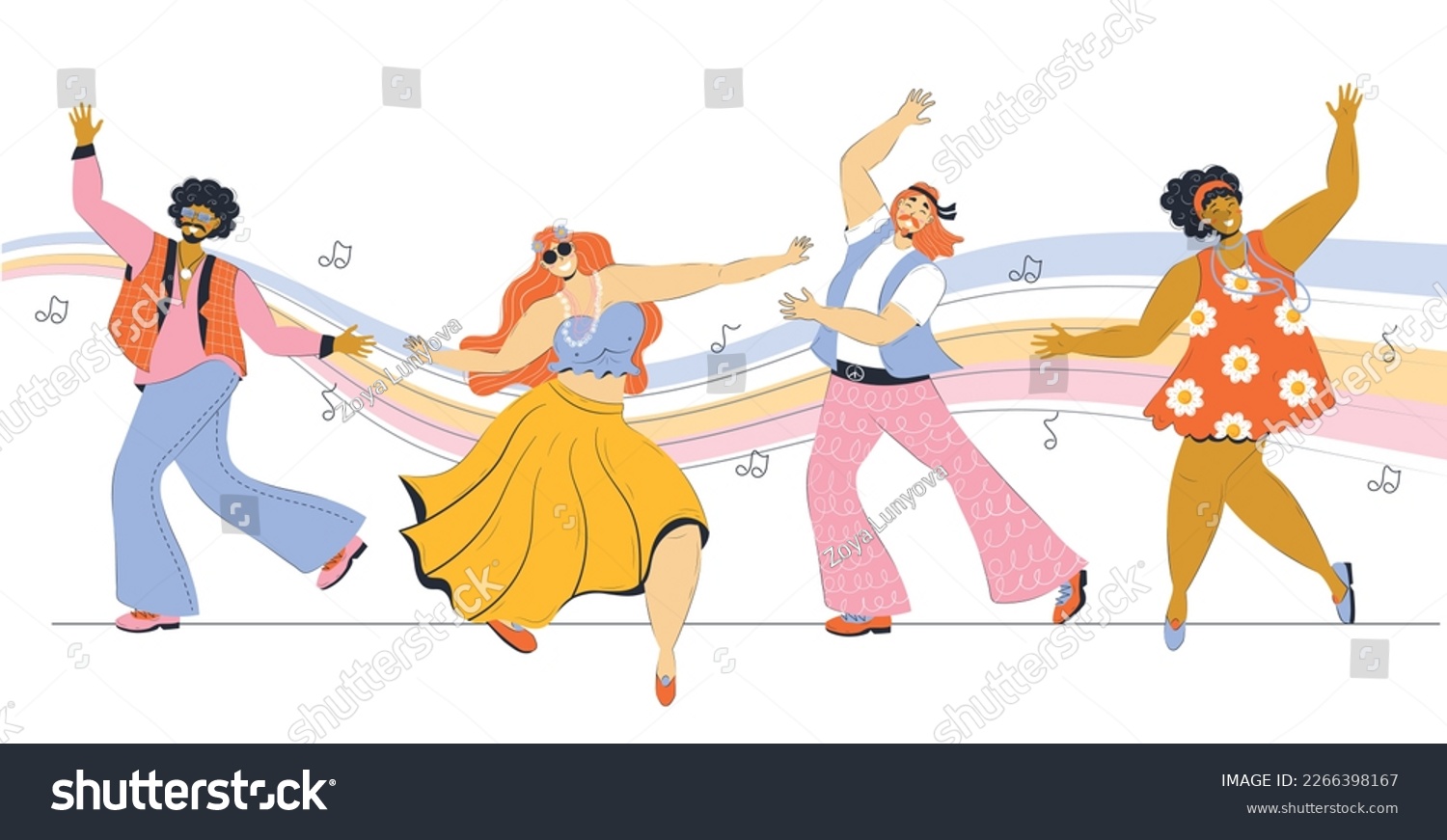 SVG of group of young hippie women and men dancing against the backdrop of rainbow waves of retro songs svg