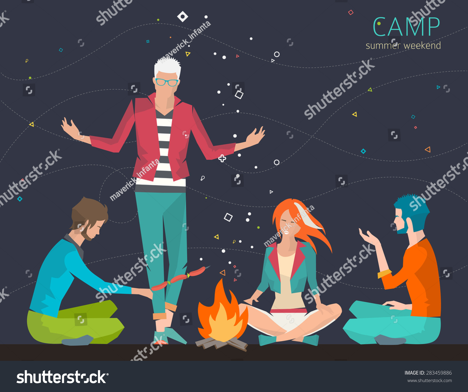 Group of young people are sitting around campfire and telling stories Summer night Weekend