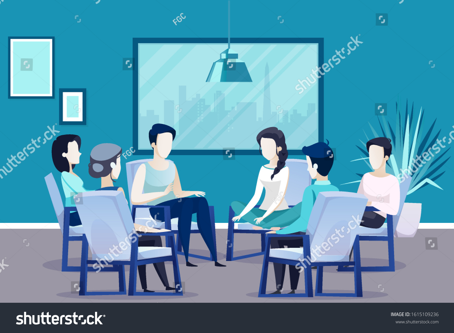 SVG of Group therapy concept. Vector of people sitting on chairs arranged in a circle discussing psychological problems being counseled  svg