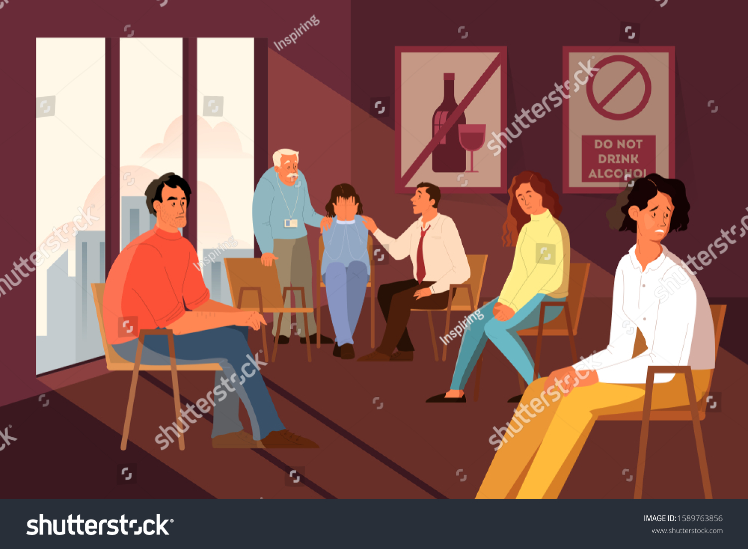 SVG of Group therapy for anonymous alcoholics. Support for addicted peope. Psychotherapist with alcoholics club. Idea of care and humanity. svg