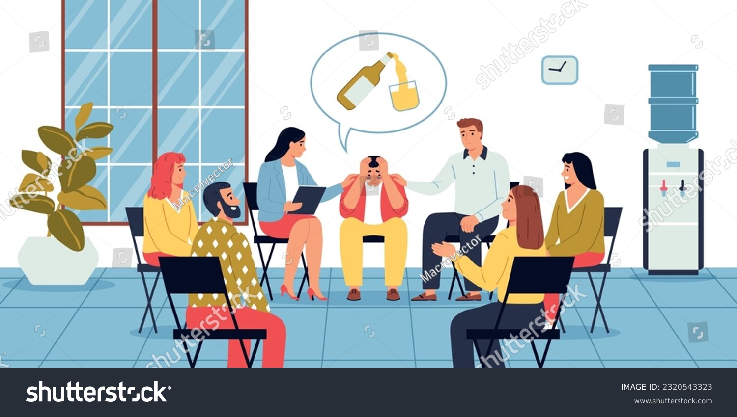 SVG of Group therapy in alcoholics anonymous club flat background with psychologist and people sitting in circle vector illustration svg