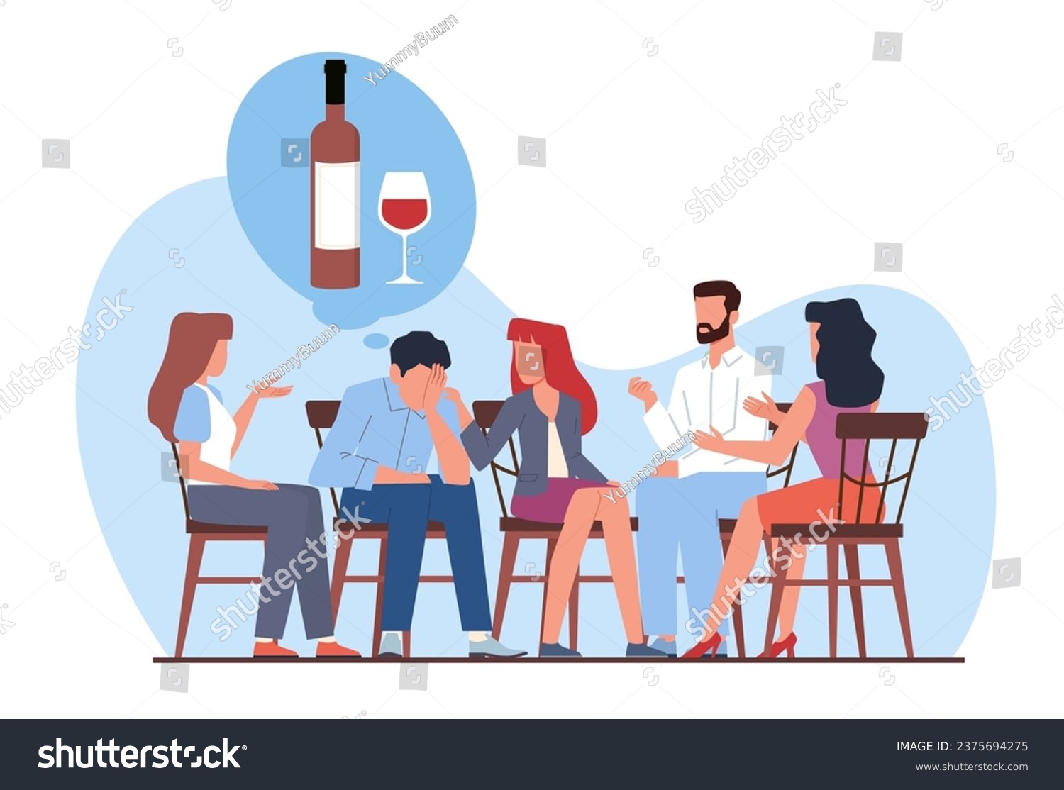 SVG of Group therapy in Alcoholics Anonymous club. Support for addicted people. Psychotherapist with alcoholics. Discussing problems on meeting. Cartoon flat style isolated vector concept svg