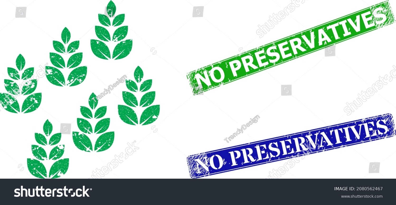 SVG of Grunge farm field icon and rectangular rubber No Preservatives stamp. Vector green No Preservatives and blue No Preservatives seals with corroded rubber texture, svg