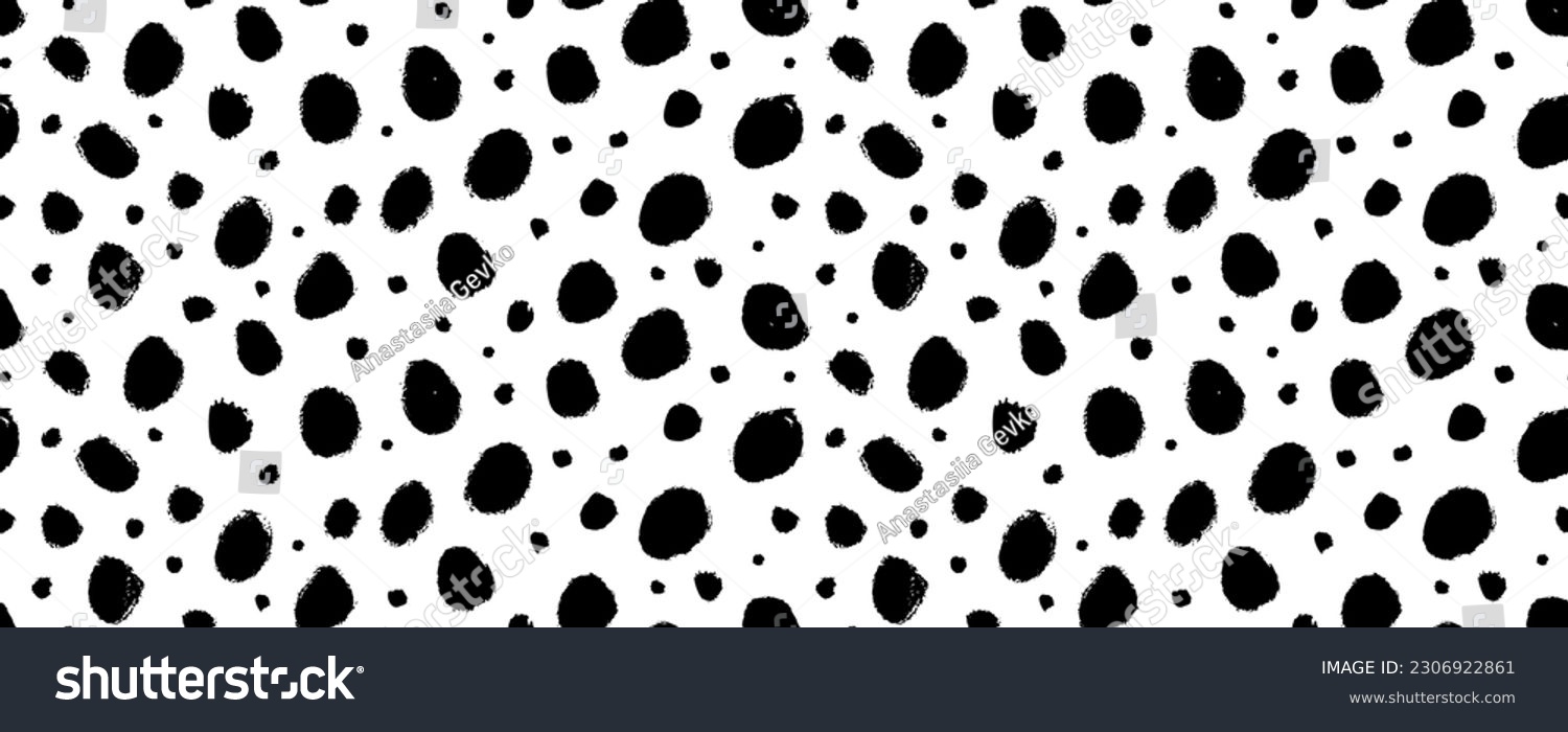 SVG of Grunge spots hand drawn vector seamless pattern. Blobs and blotches horizontal banner. Irregular organic dots and blots ornament. Cheetah spots black print. Seamless pattern with scattered round dots. svg