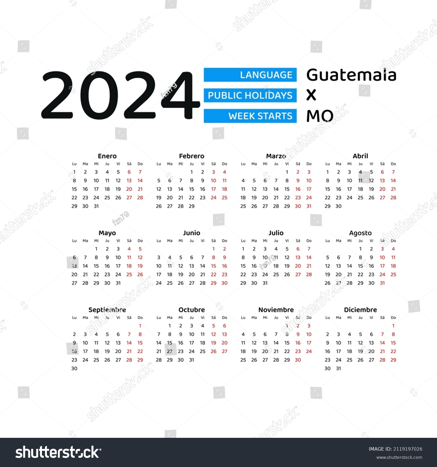 Guatemala Calendar 2024 Week Starts Monday Stock Vector (Royalty Free