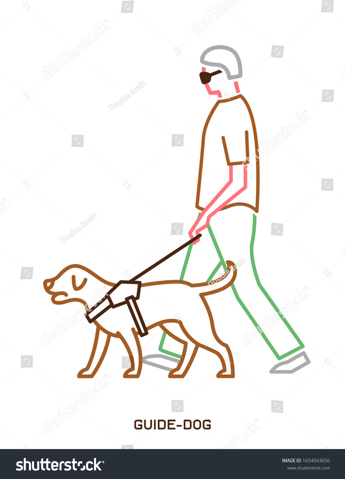 SVG of Guide dog with harness helping a disabled blind man. Support, assistance animal. Physically handicapped person. Simple icon, symbol, pictogram, sign. Vector illustration isolated on white background. svg