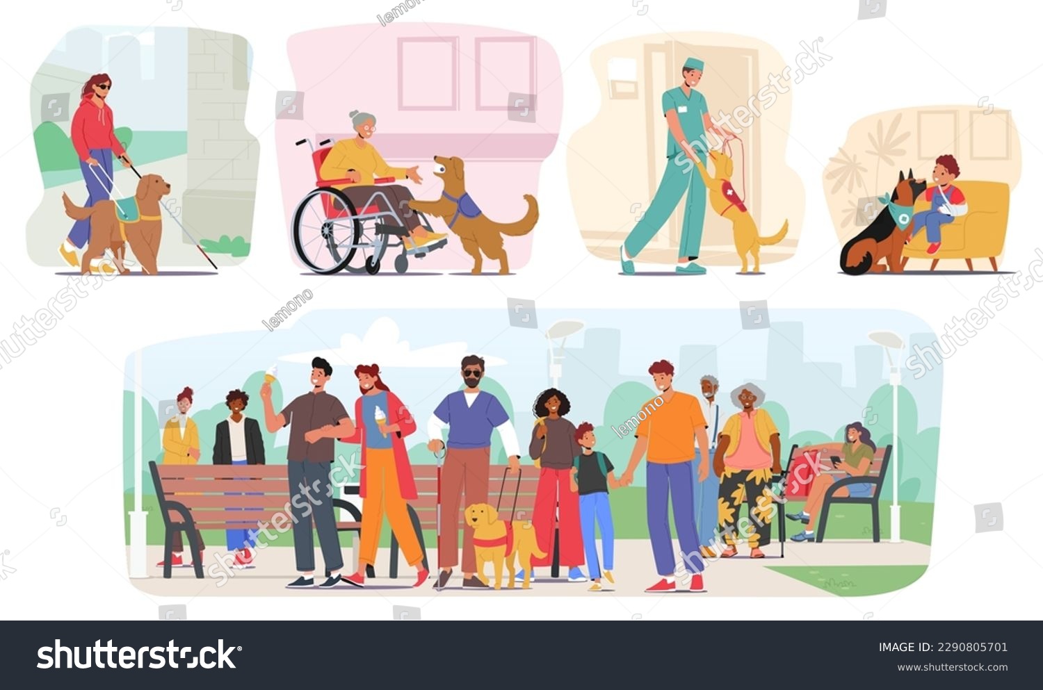 SVG of Guide Dogs Offer Support And Independence To Characters With Visual Impairments, Leading Them Through Obstacles, Crossing Streets, Safely Help And Navigating. Cartoon People Vector Illustration svg