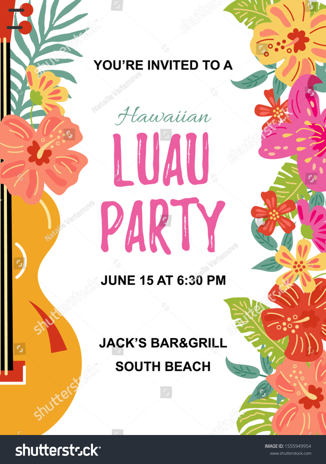 SVG of Guitar with jungle flowers, exotic leaves. Hawaiian Luau party invitation vector illustration. Hand drawn sketch style. Place for text. Template for vacation, poster, banner, flyer. Flat style design. svg