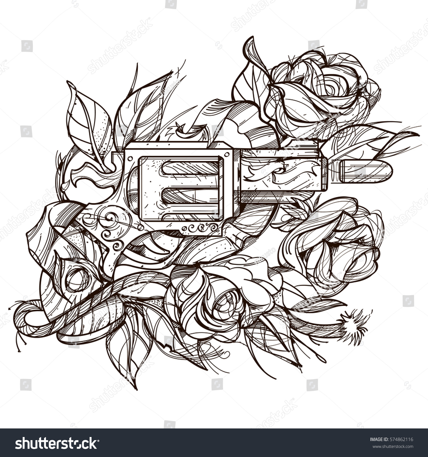 gun rose contour illustration tattoo design stock vector gun rose contour illustration tattoo design stock vector