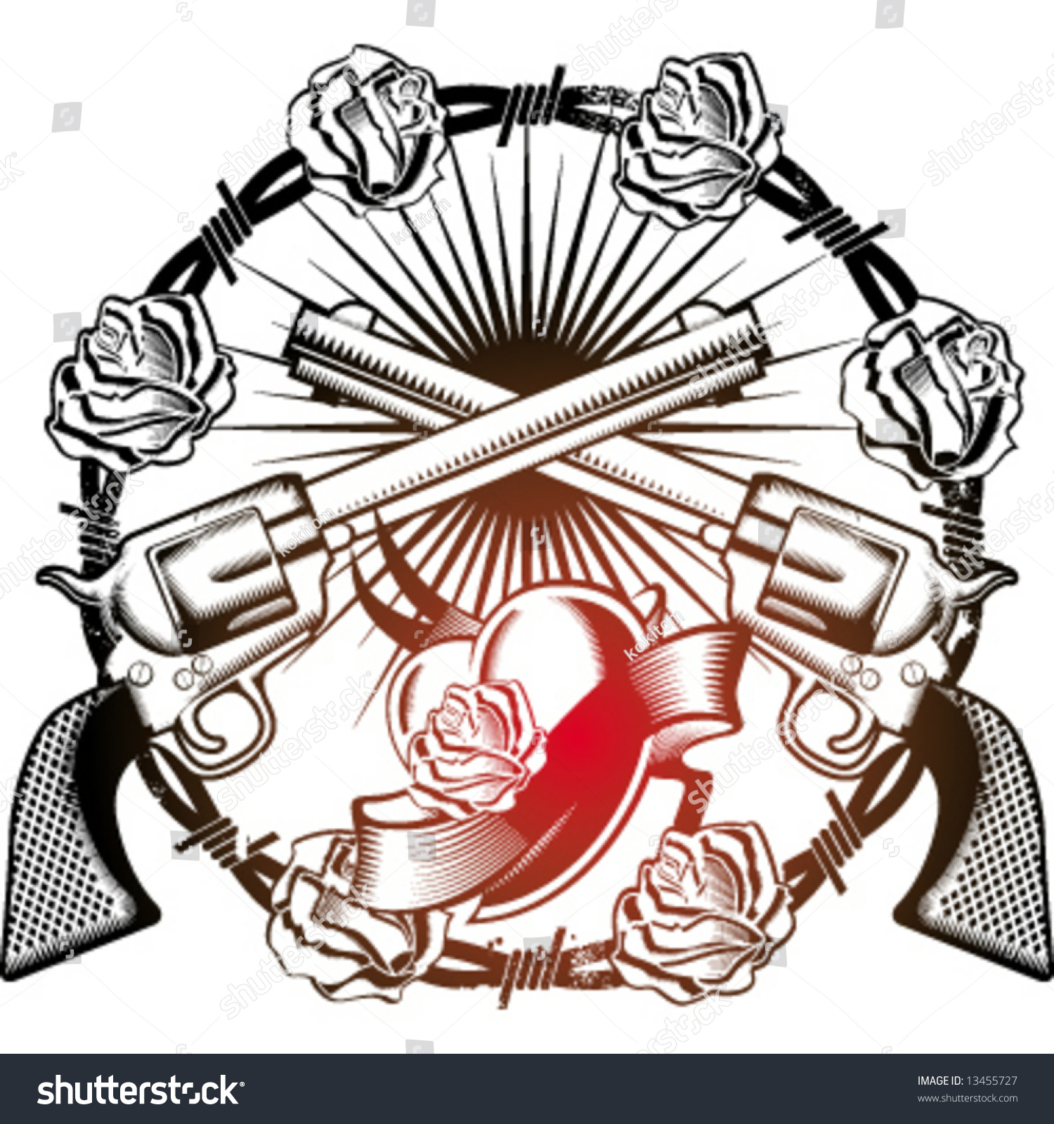 Download Guns Heart Roses Emblem Stock Vector 13455727 - Shutterstock
