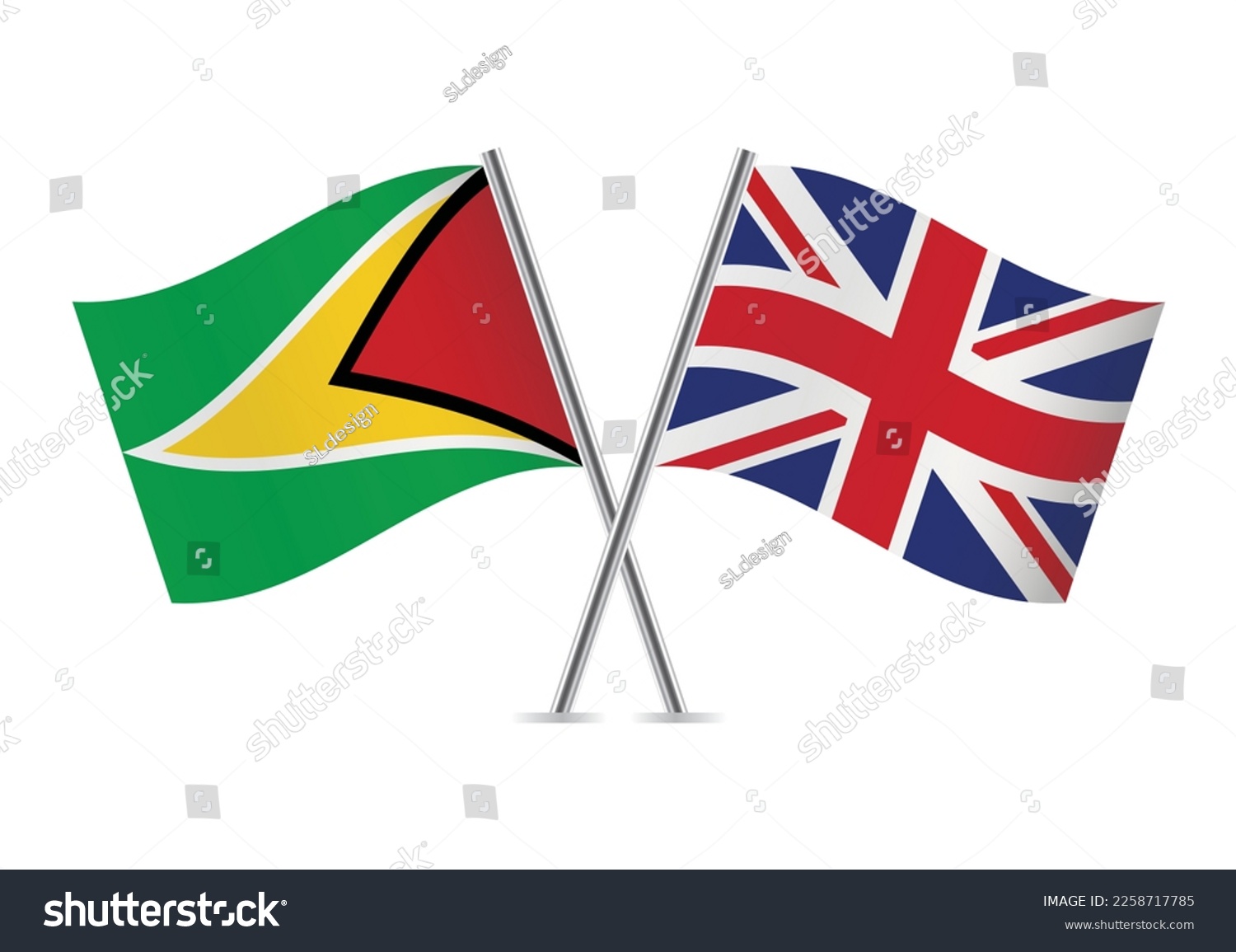 SVG of Guyana and Britain crossed flags. Guyanese and British flags on white background. Vector icon set. Vector illustration. svg