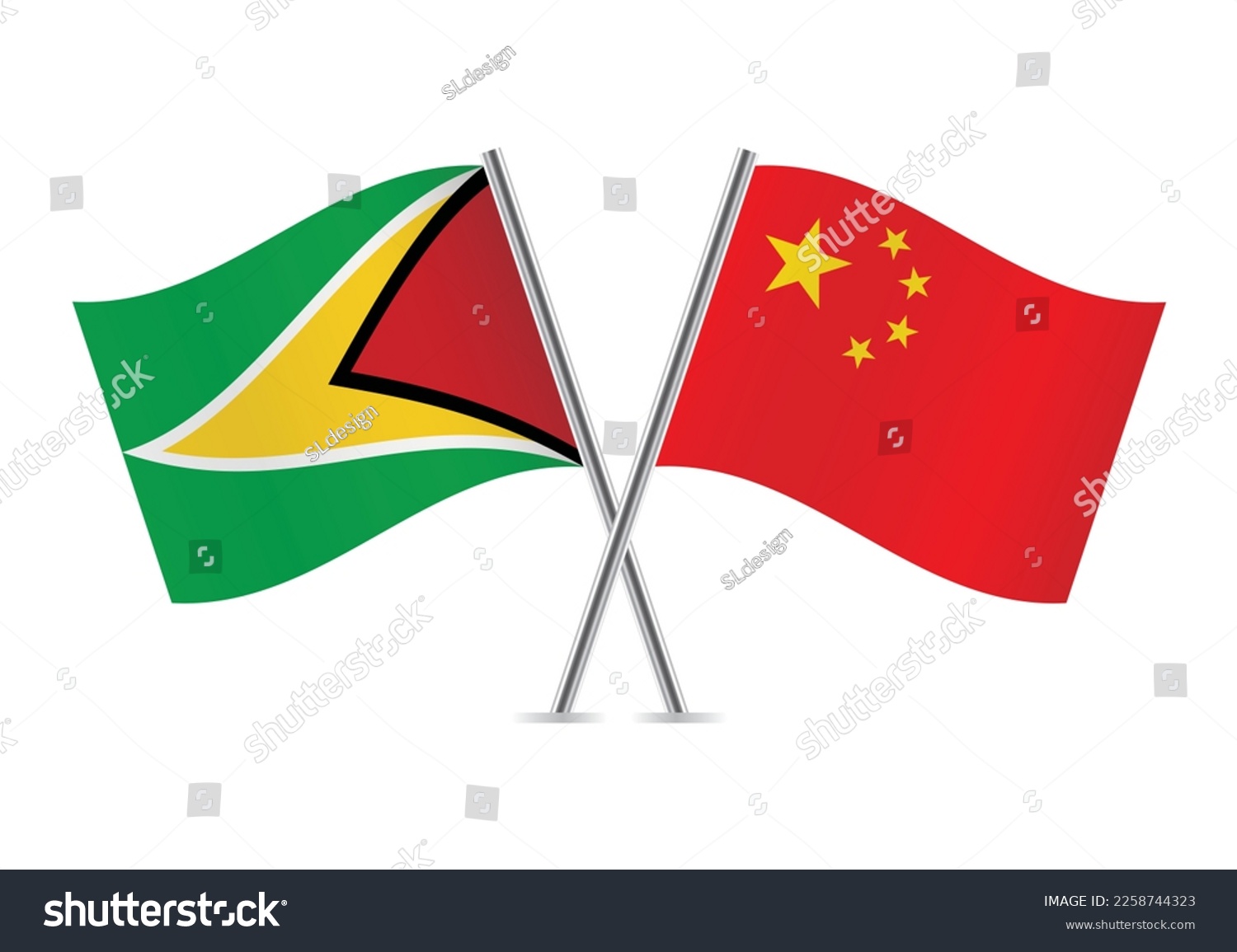 SVG of Guyana and China crossed flags. Guyanese and Chinese flags on white background. Vector icon set. Vector illustration. svg