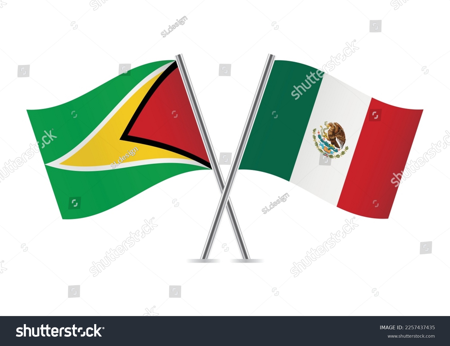 SVG of Guyana and Mexico crossed flags. Guyanese and Mexican flags on white background. Vector icon set. Vector illustration. svg