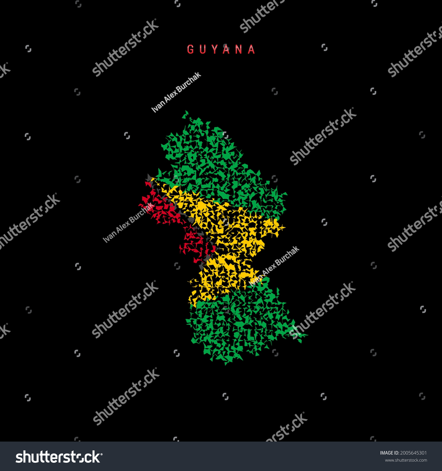 SVG of Guyana flag map, chaotic particles pattern in the colors of the Guyanese flag. Vector illustration isolated on black background. svg